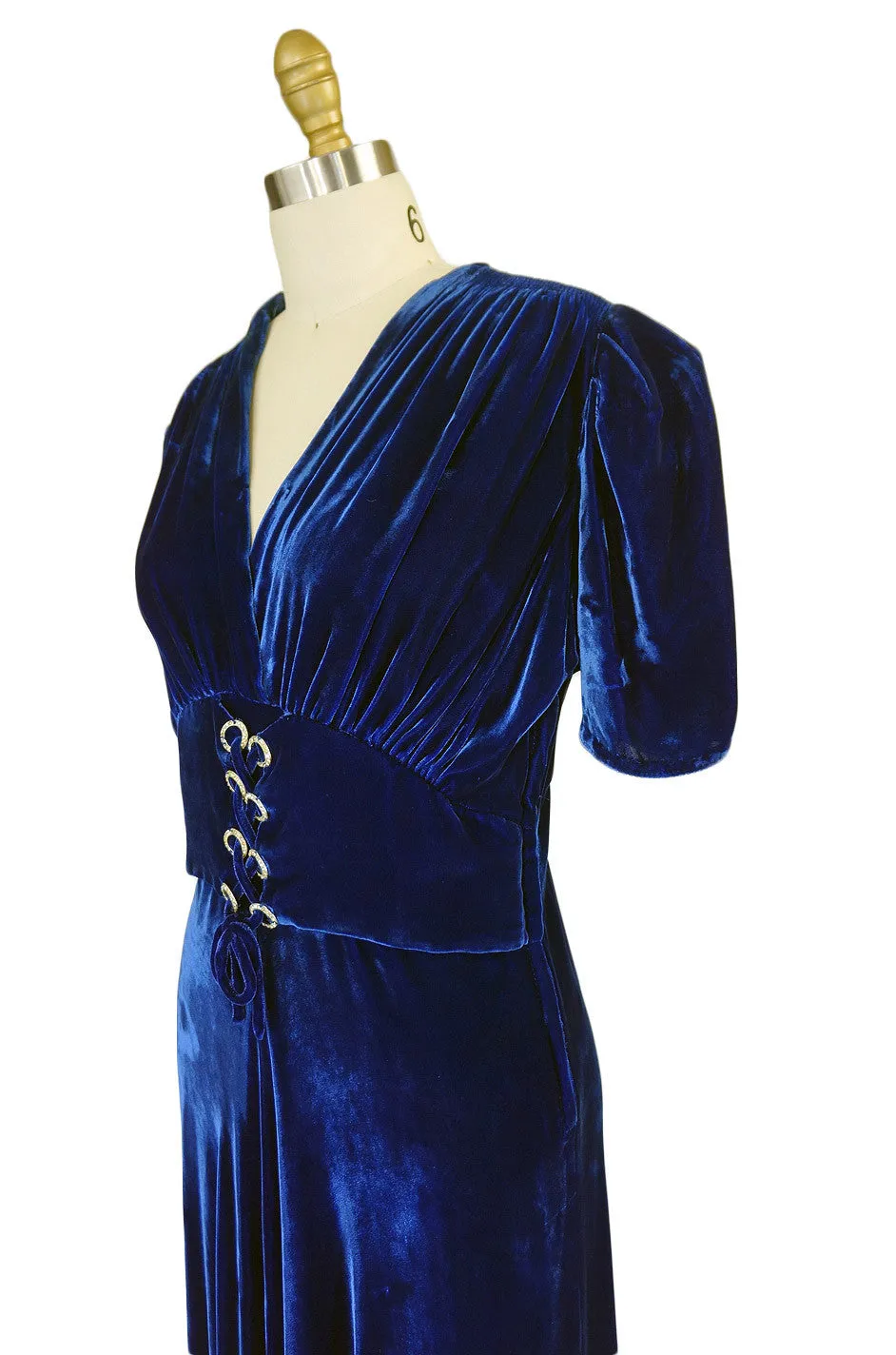 1930s Blue Silk Velvet Rhinestone Gown