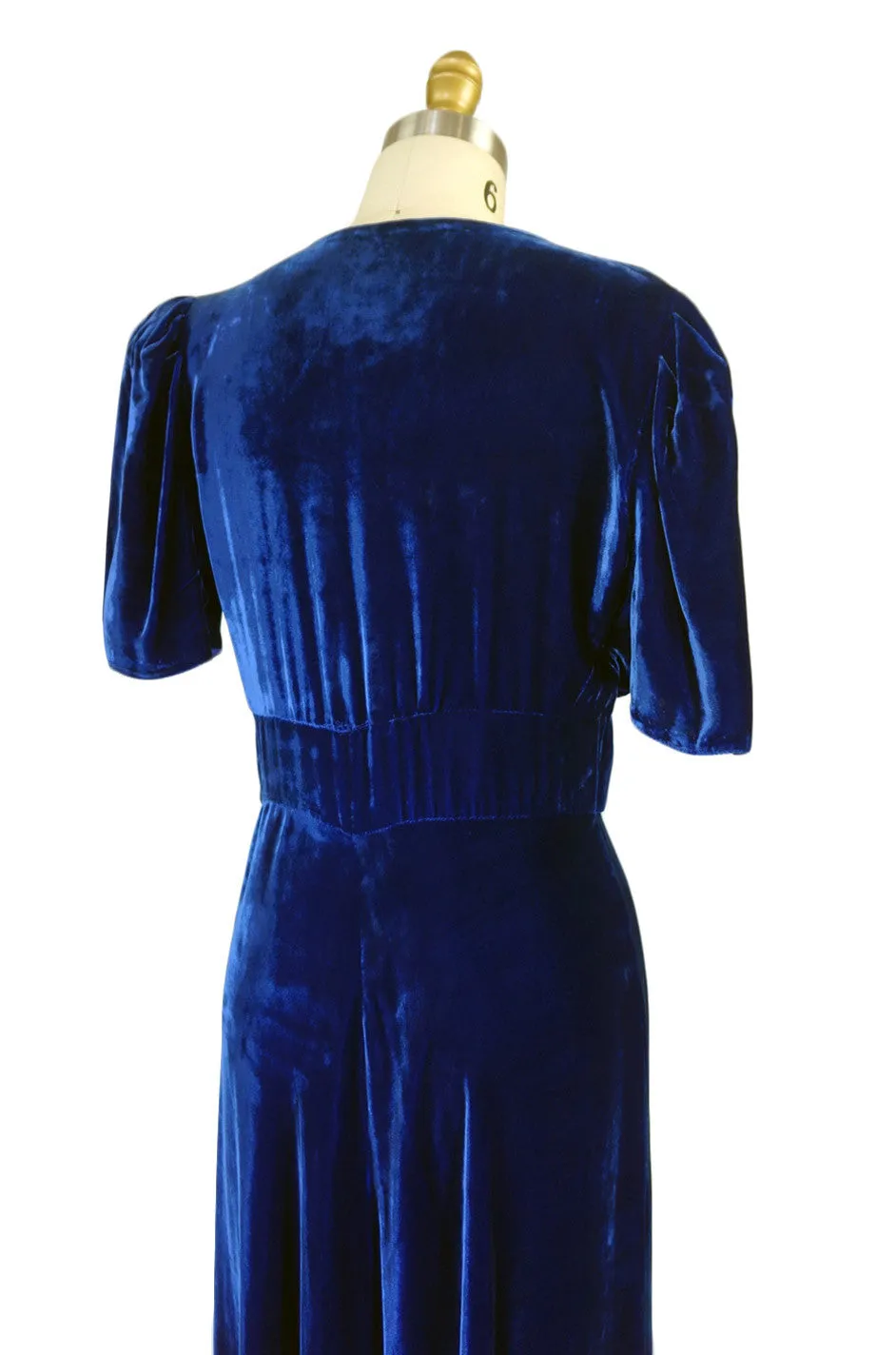 1930s Blue Silk Velvet Rhinestone Gown