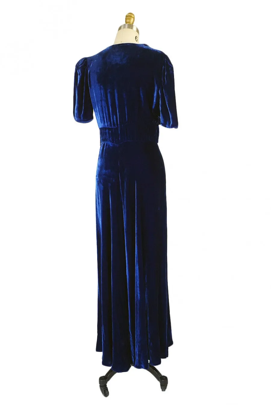 1930s Blue Silk Velvet Rhinestone Gown