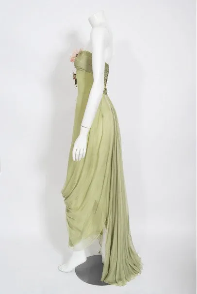 1950's Howard Greer Couture Sage-Green Draped Chiffon Strapless Gown