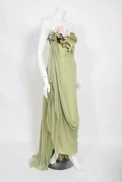 1950's Howard Greer Couture Sage-Green Draped Chiffon Strapless Gown