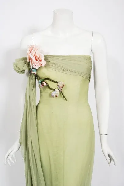 1950's Howard Greer Couture Sage-Green Draped Chiffon Strapless Gown