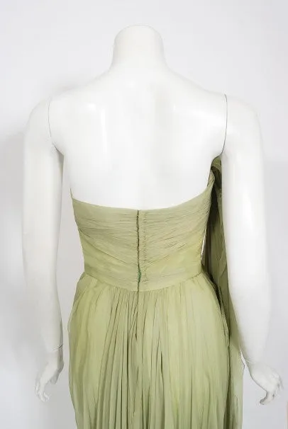 1950's Howard Greer Couture Sage-Green Draped Chiffon Strapless Gown