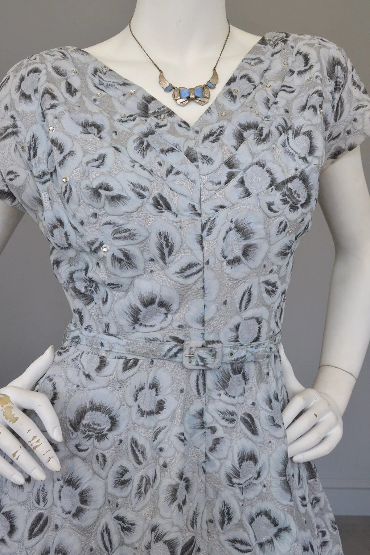 1950s Powder Blue with Rhinestone Bodice Vintage Party Dress Novelty Floral Print, Medium