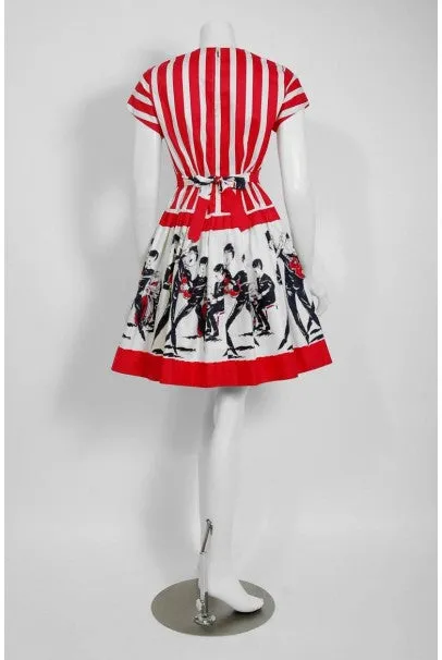 1965 Beatles Memorabilia Novelty Print Striped Cotton Belted Full Skirt Dress