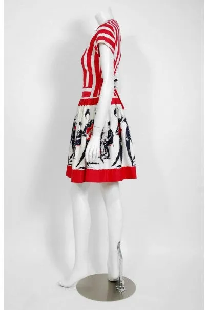 1965 Beatles Memorabilia Novelty Print Striped Cotton Belted Full Skirt Dress