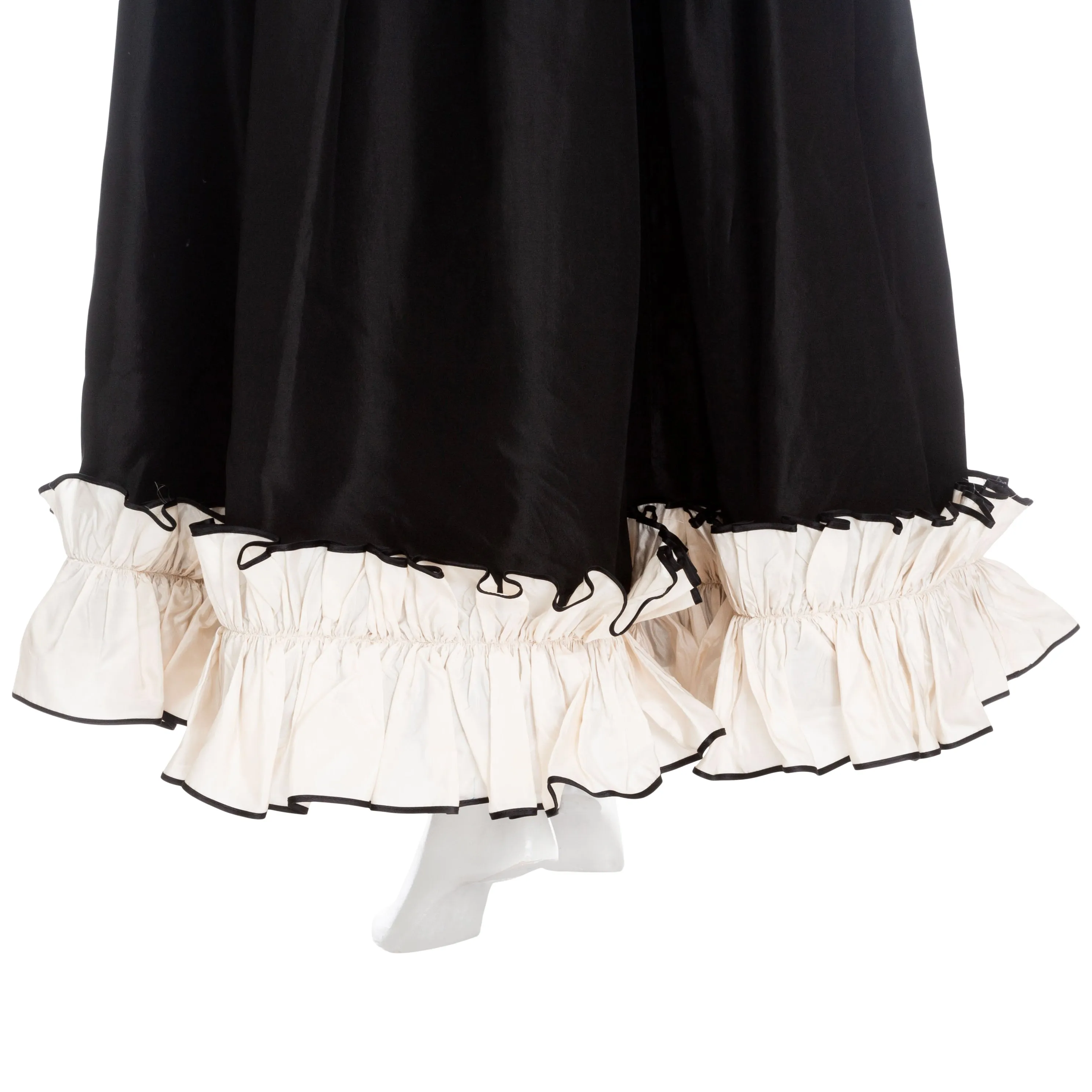 1970s Black and White Silk Taffeta Ruffled Two-Piece Top & Skirt Set