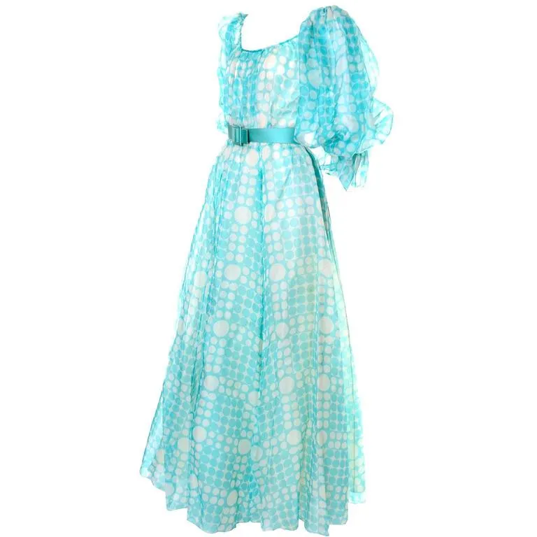 1970s Bob Mackie Roy Aghayan Vintage Blue Organza Dress w/ Polka Dots & Puff Sleeves