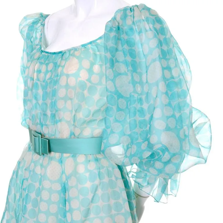 1970s Bob Mackie Roy Aghayan Vintage Blue Organza Dress w/ Polka Dots & Puff Sleeves