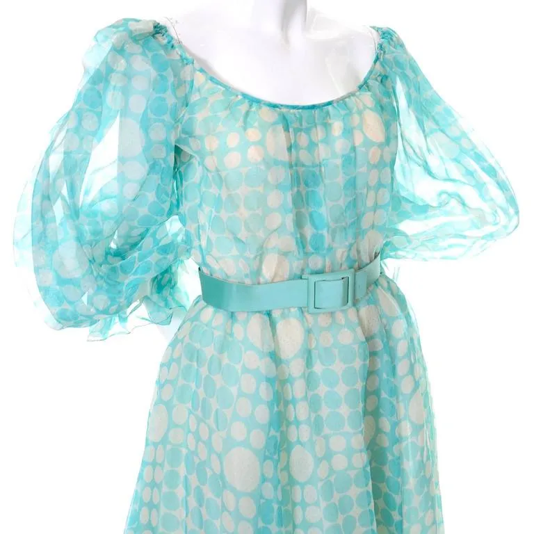 1970s Bob Mackie Roy Aghayan Vintage Blue Organza Dress w/ Polka Dots & Puff Sleeves