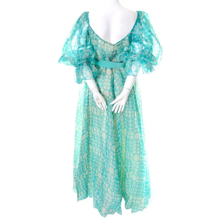 1970s Bob Mackie Roy Aghayan Vintage Blue Organza Dress w/ Polka Dots & Puff Sleeves