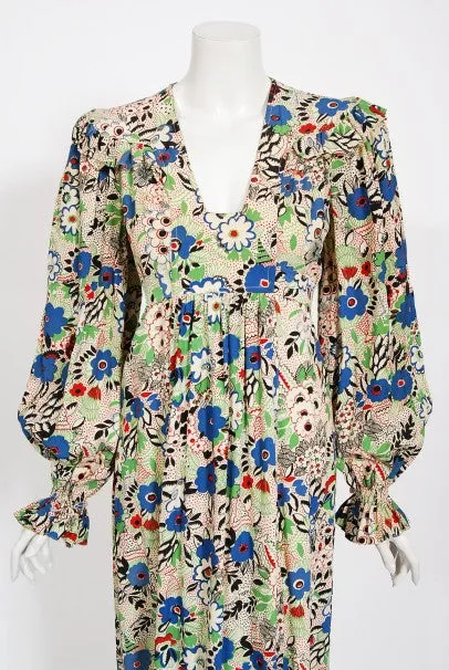 1970's Ossie Clark Colorful 'Pretty Woman' Print Marocain Maxi Dress