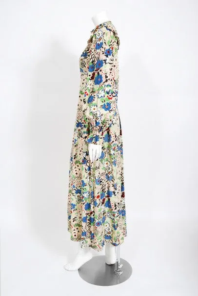 1970's Ossie Clark Colorful 'Pretty Woman' Print Marocain Maxi Dress