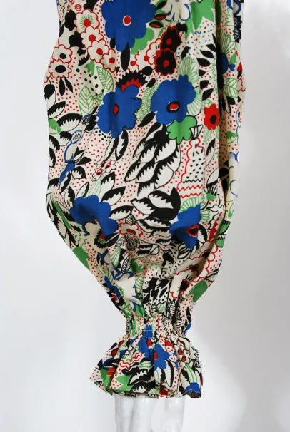 1970's Ossie Clark Colorful 'Pretty Woman' Print Marocain Maxi Dress