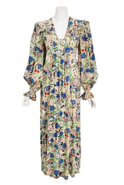 1970's Ossie Clark Colorful 'Pretty Woman' Print Marocain Maxi Dress