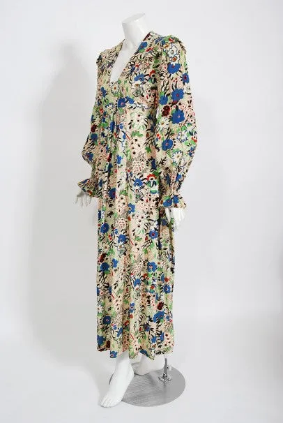 1970's Ossie Clark Colorful 'Pretty Woman' Print Marocain Maxi Dress