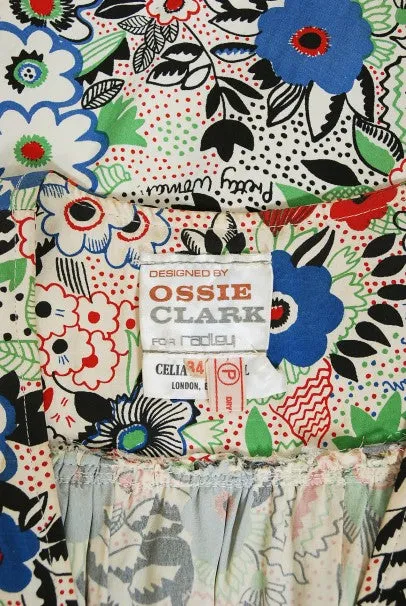 1970's Ossie Clark Colorful 'Pretty Woman' Print Marocain Maxi Dress