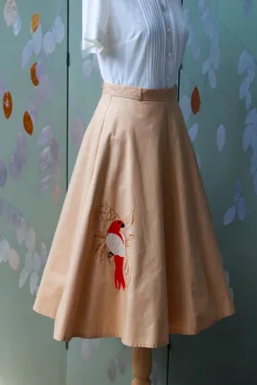 1970s Parrot Applique Circle Skirt, Made in France, Waist 26"