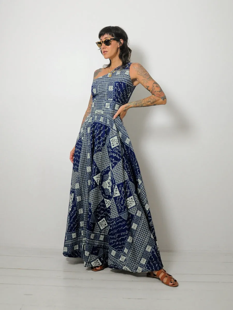 1970's Wax Block Print One Shoulder Dress