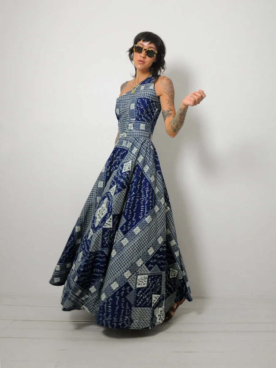 1970's Wax Block Print One Shoulder Dress