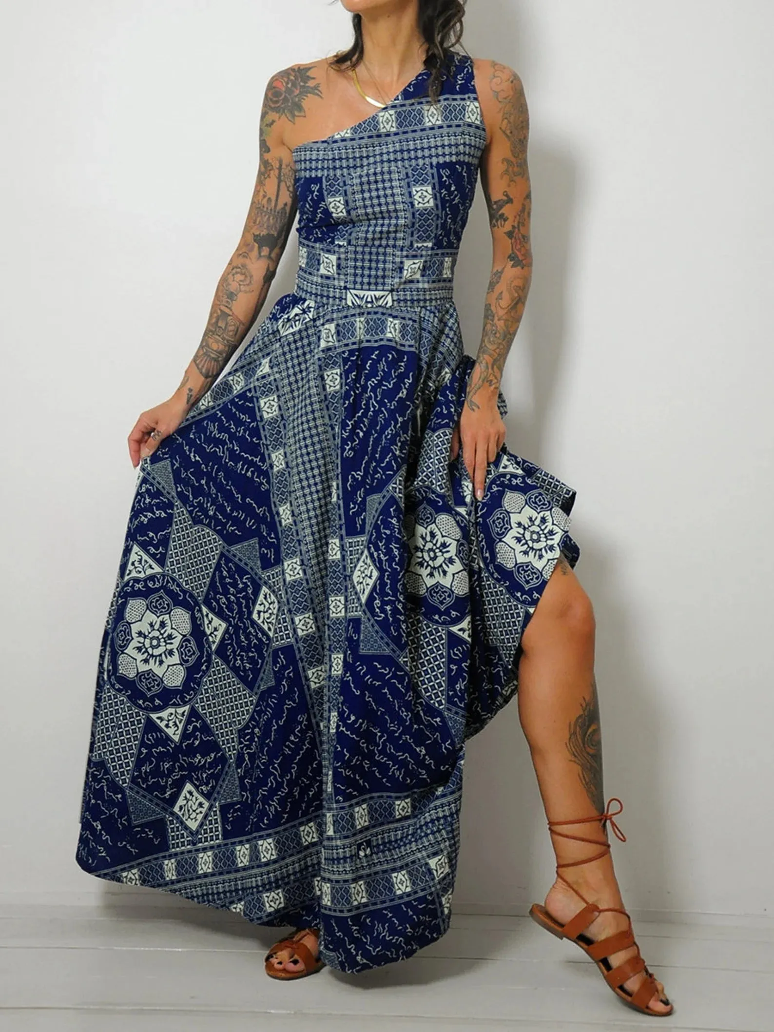 1970's Wax Block Print One Shoulder Dress