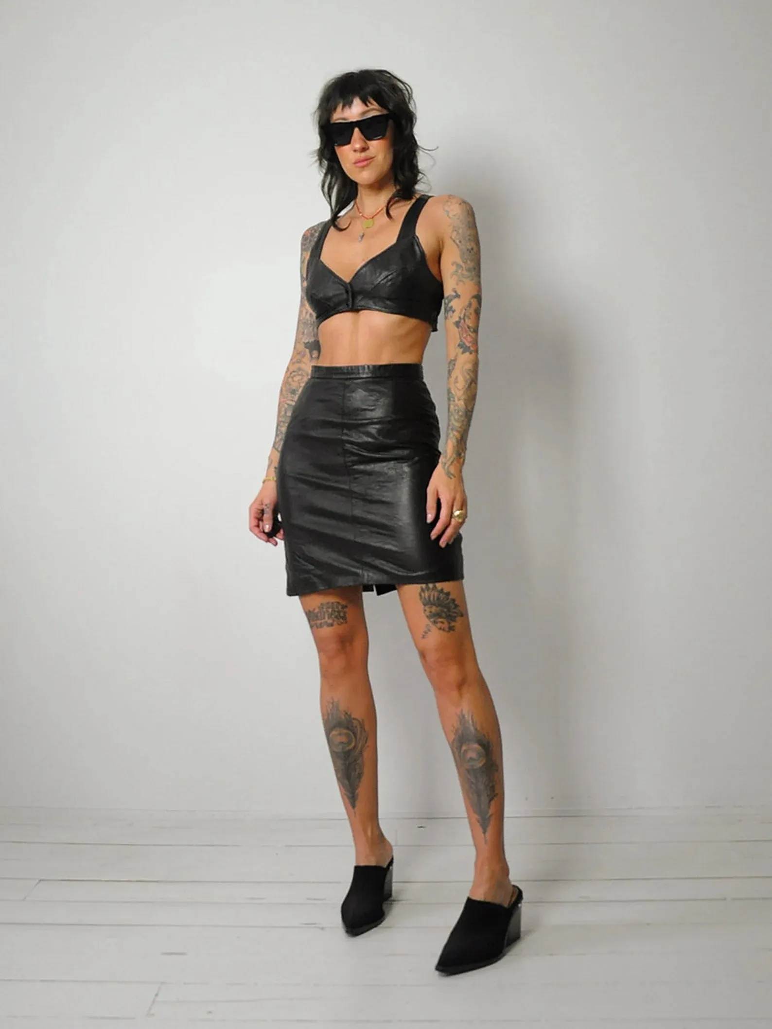 1980's Black Leather Bra & Skirt Set