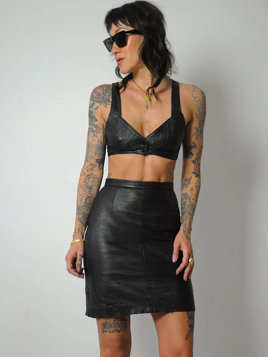 1980's Black Leather Bra & Skirt Set