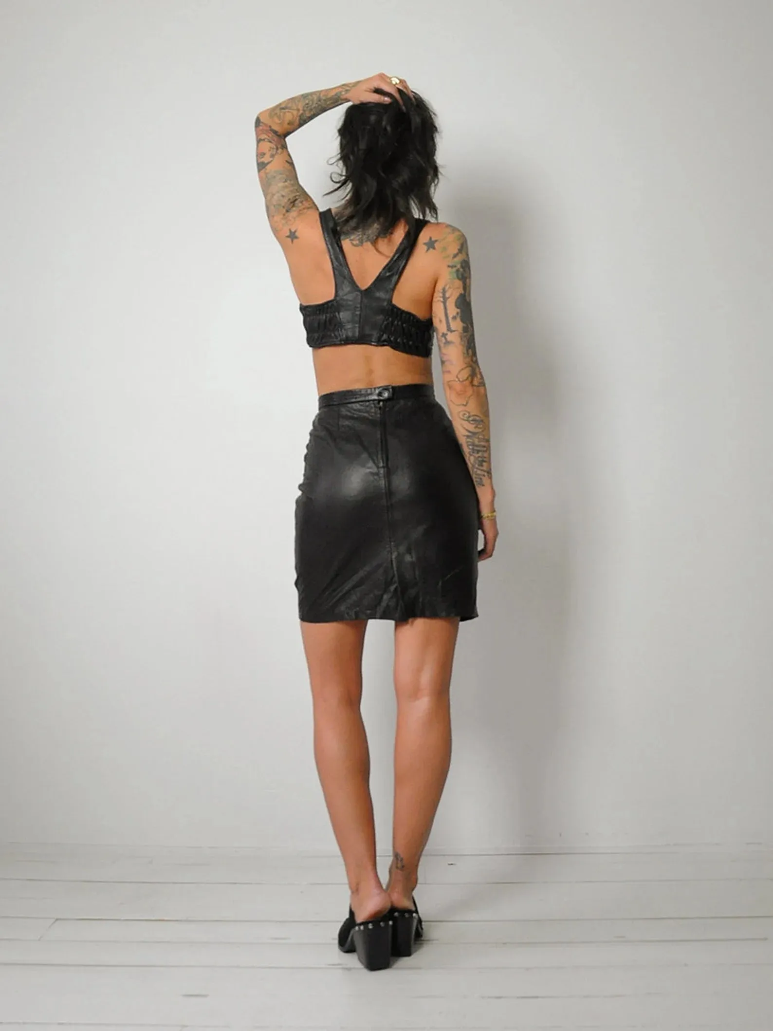 1980's Black Leather Bra & Skirt Set