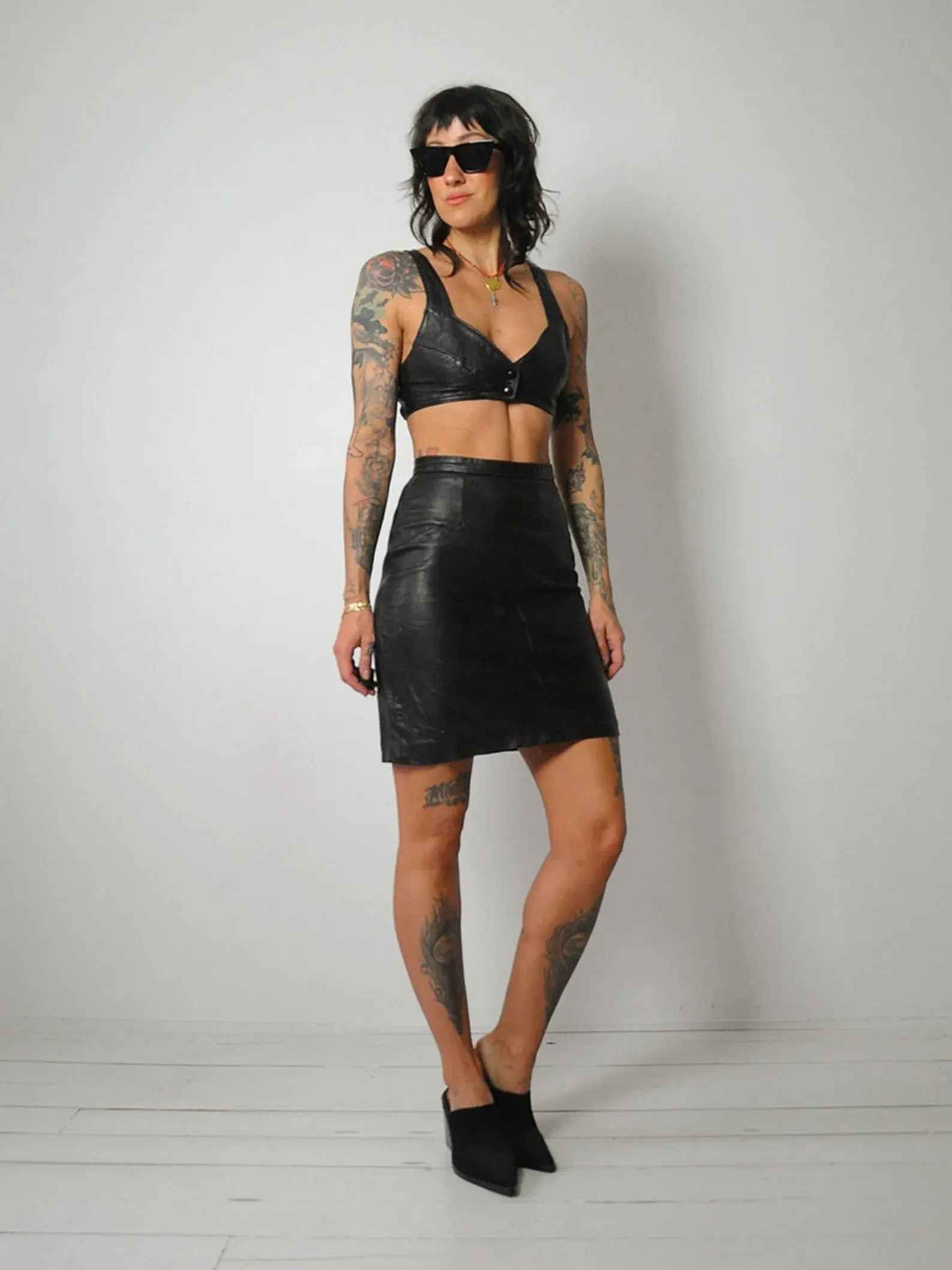 1980's Black Leather Bra & Skirt Set