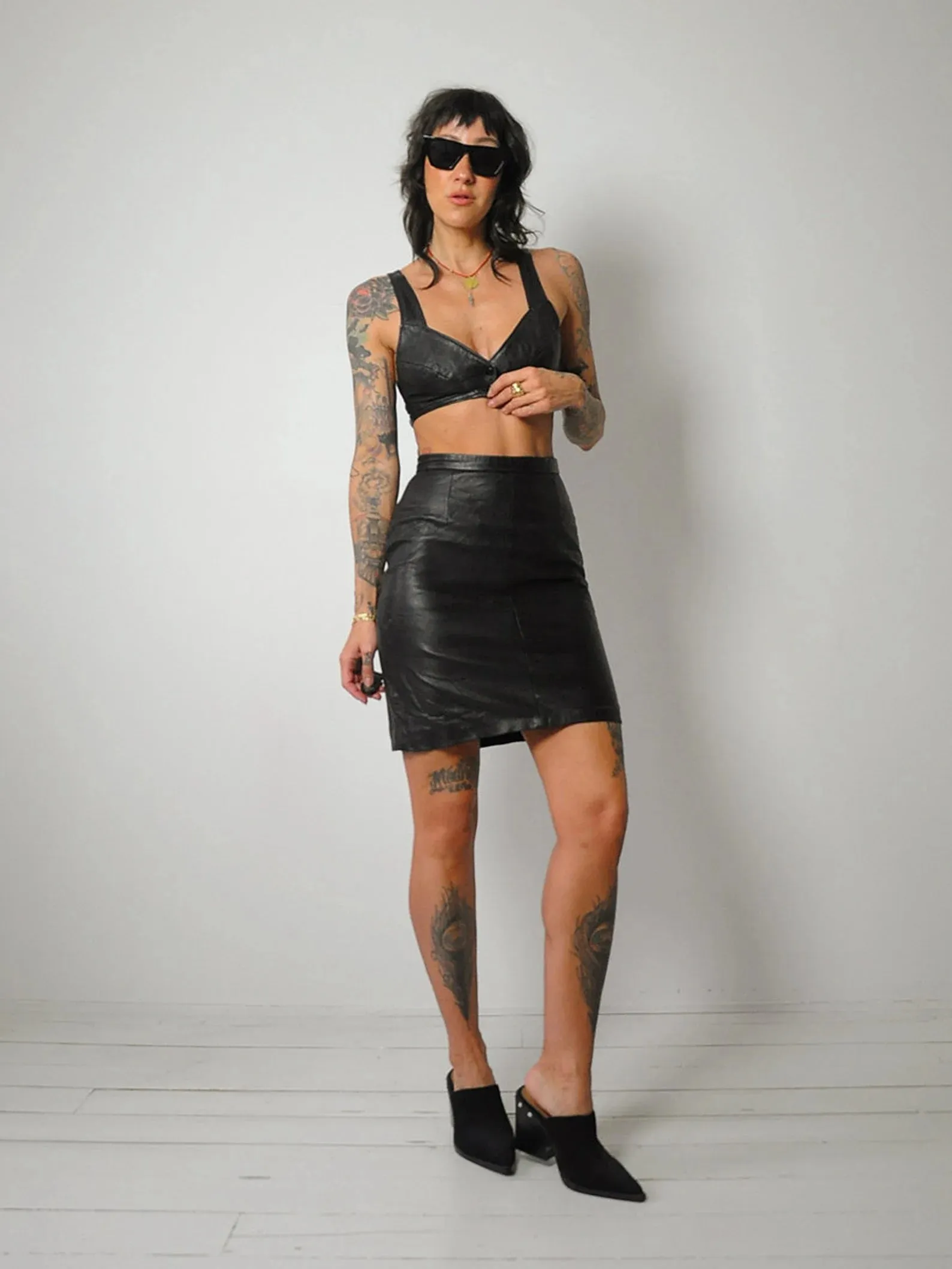 1980's Black Leather Bra & Skirt Set