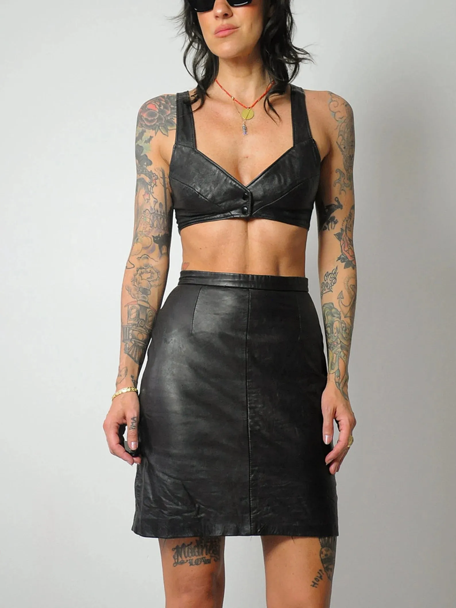 1980's Black Leather Bra & Skirt Set