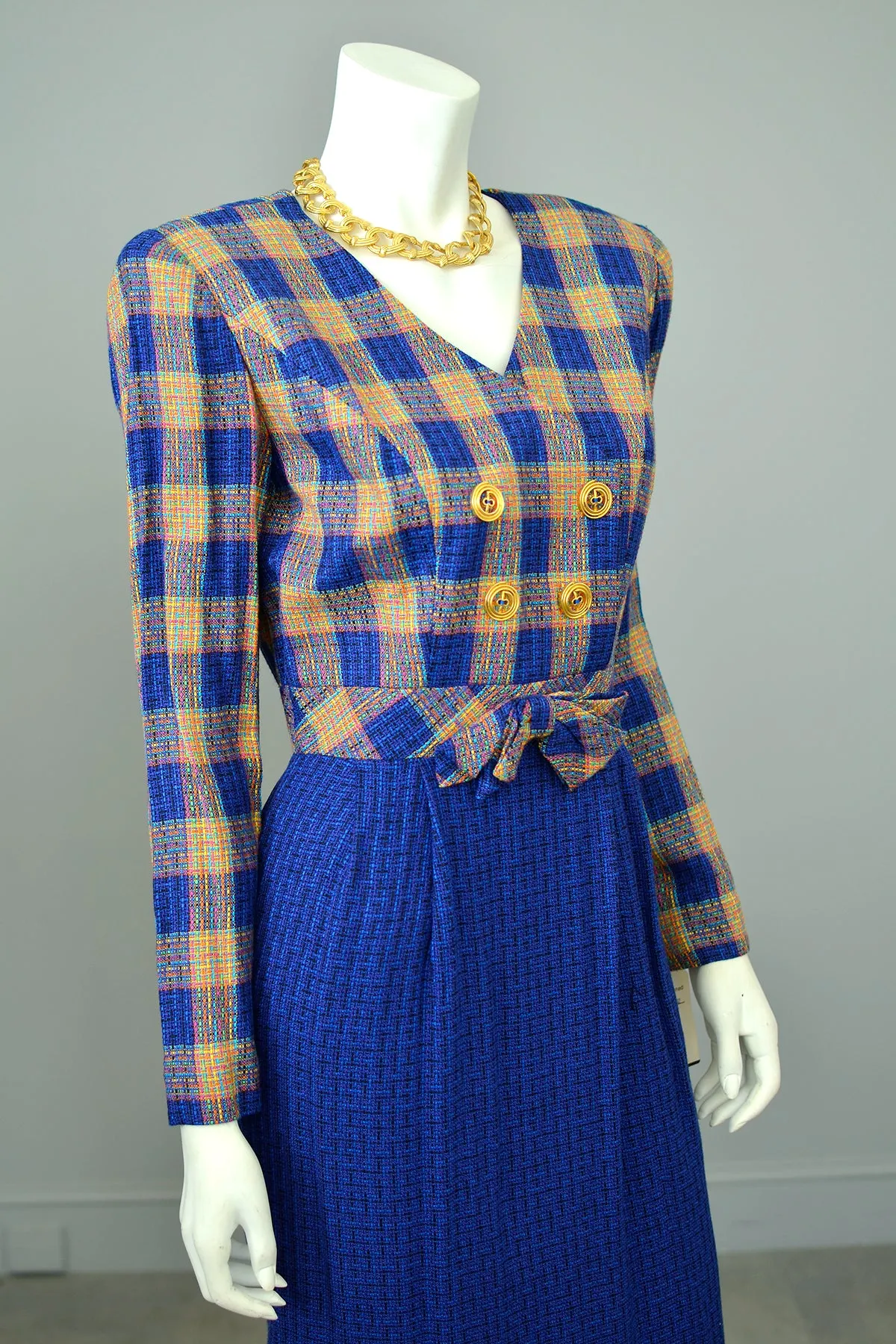 1990s Vibrant Plaid Tweed Suit Dress | Girl Boss Dress | Office Chic Dress