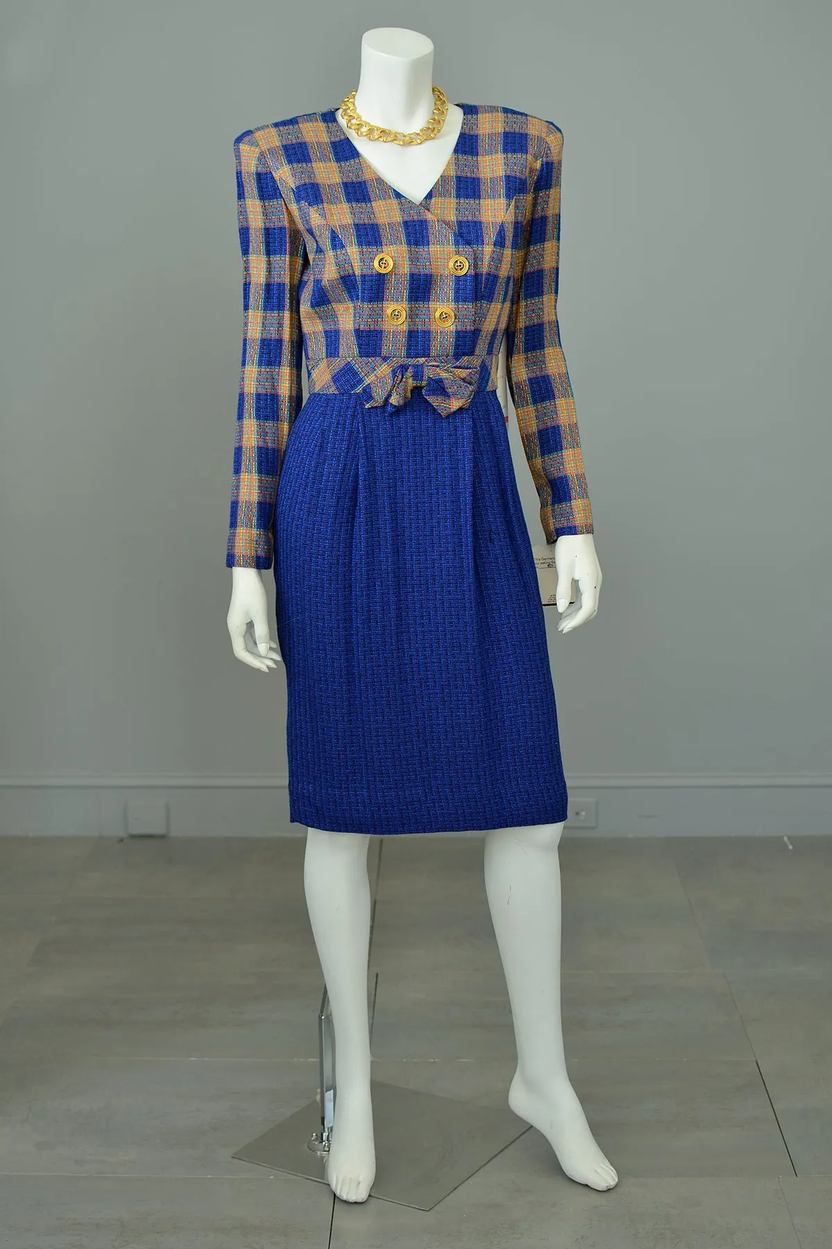 1990s Vibrant Plaid Tweed Suit Dress | Girl Boss Dress | Office Chic Dress