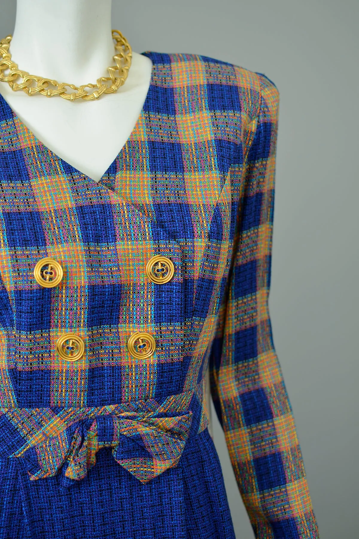 1990s Vibrant Plaid Tweed Suit Dress | Girl Boss Dress | Office Chic Dress