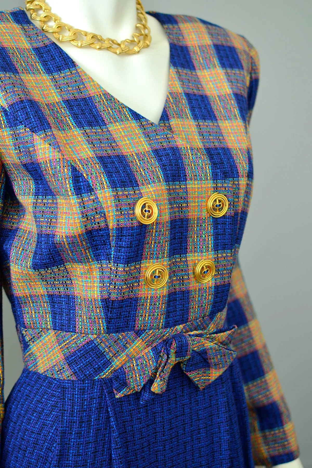 1990s Vibrant Plaid Tweed Suit Dress | Girl Boss Dress | Office Chic Dress