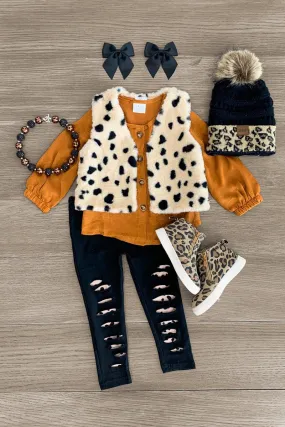 3 Piece - Rust & Spotted Cheetah Legging & Vest Set