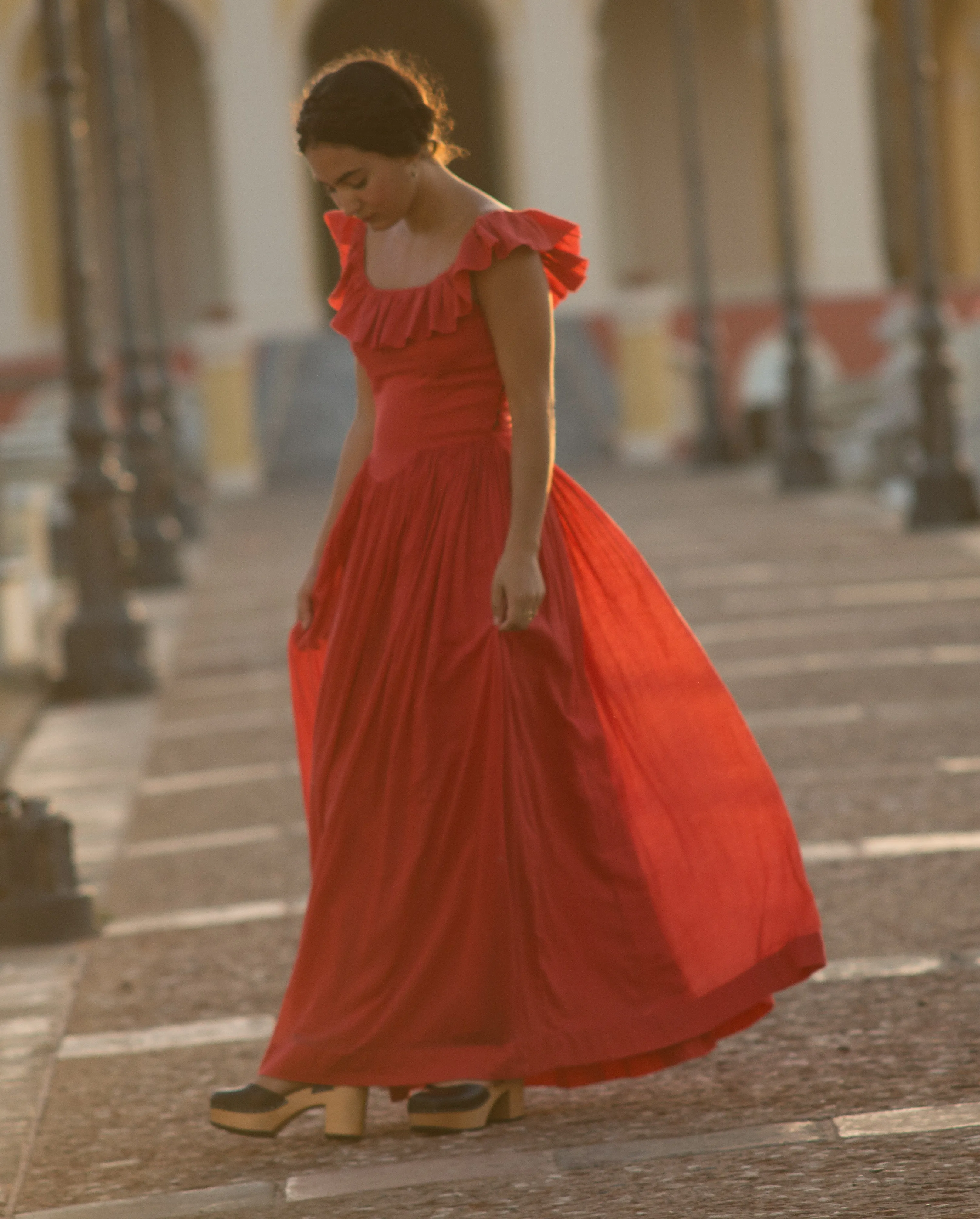 30s/40s cotton voile hand dyed coral red ruffle collar gown, small