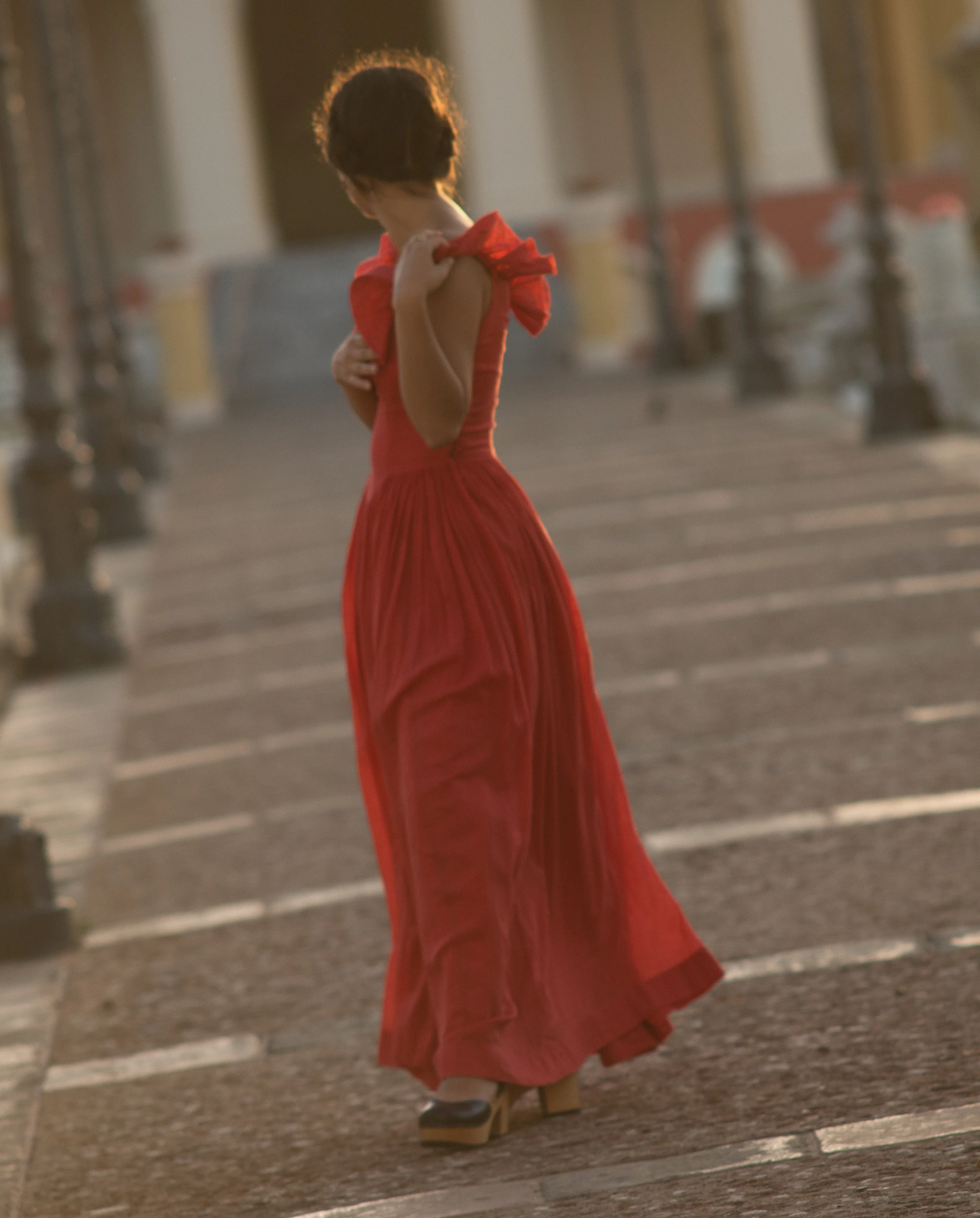 30s/40s cotton voile hand dyed coral red ruffle collar gown, small