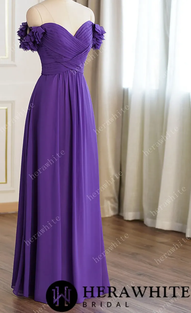 3D Flower Off-The-Shoulder Chiffon Bridesmaid Dress