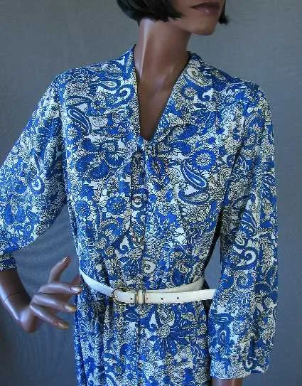 50s Dress Nylon Jersey Print Rhinestone Buttons 60s Vintage Women's L/XL VFG Lane Bryant