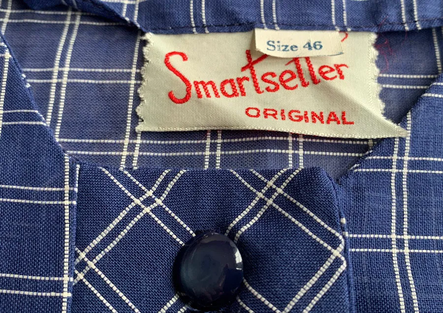 50s Vintage Day Dress Deadstock XL 60s Shirtwaist Blue White Tattersall-Style Plaid VFG Smartsetter