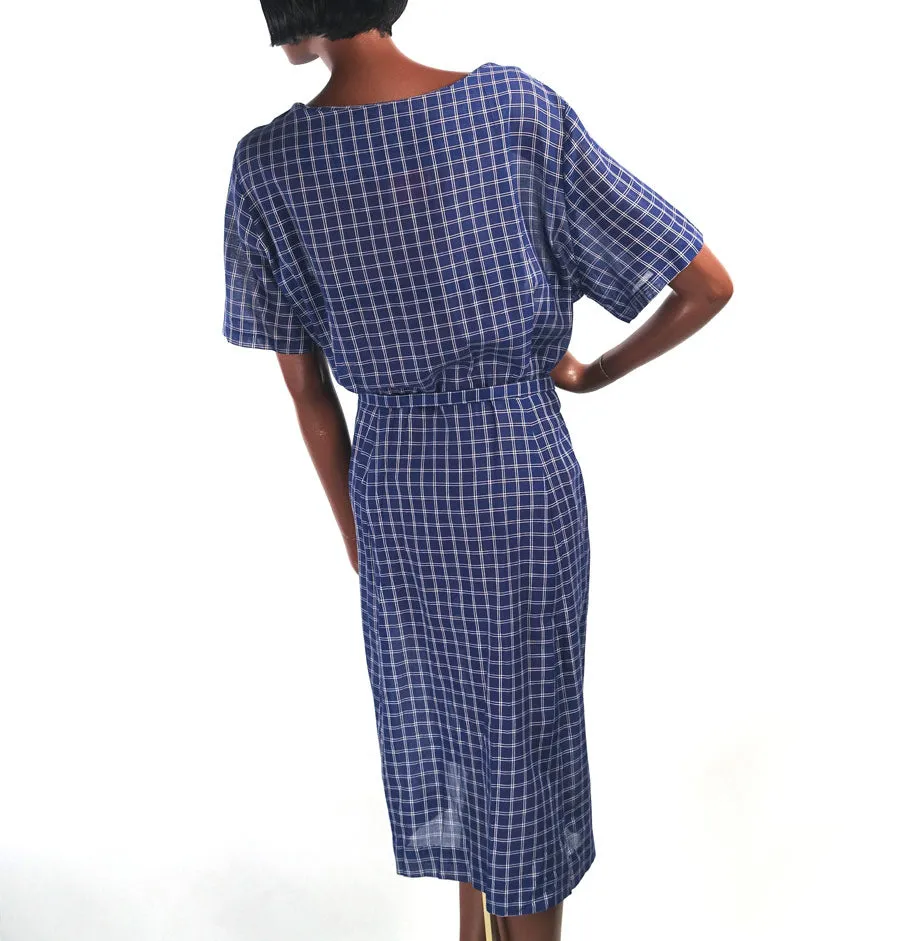 50s Vintage Day Dress Deadstock XL 60s Shirtwaist Blue White Tattersall-Style Plaid VFG Smartsetter