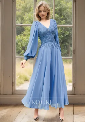 A-Line Long Sleeves V-Neck Beaded Pleats Chiffon Mother of Bride with Appliques Cocktail Dress