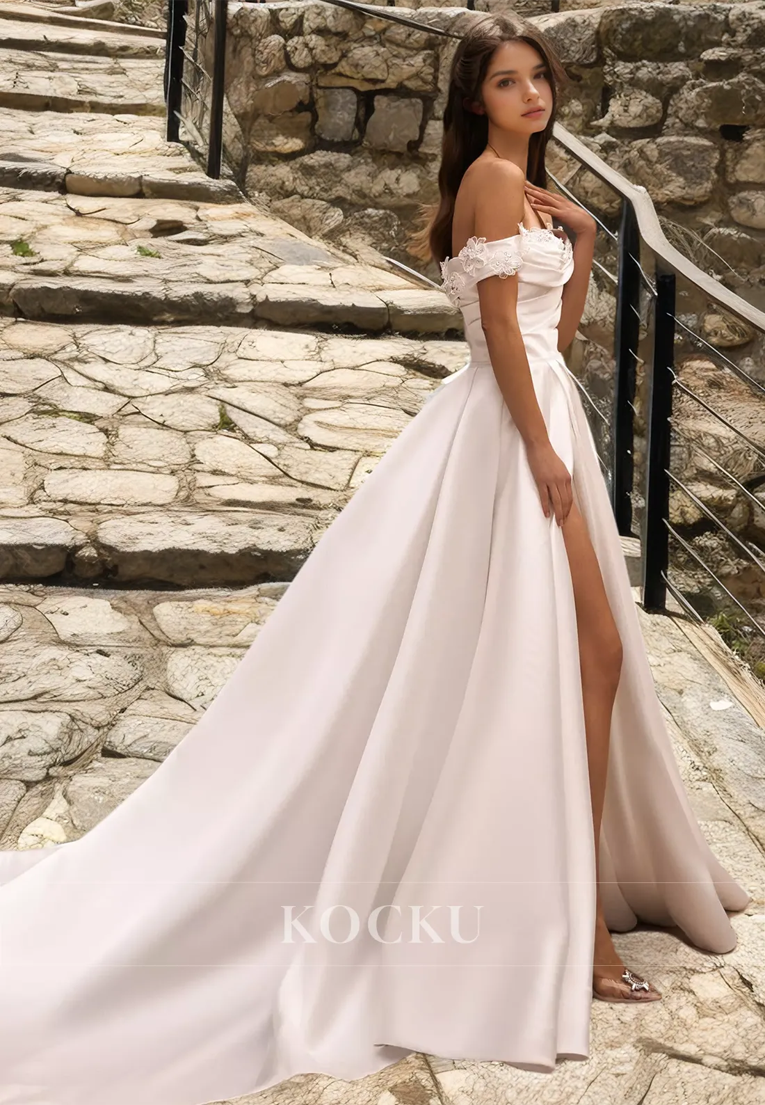 A-Line Off-Shoulder Sleeveless High Slit Train Pleats Satin Wedding Dress with Floral Bridal Dress