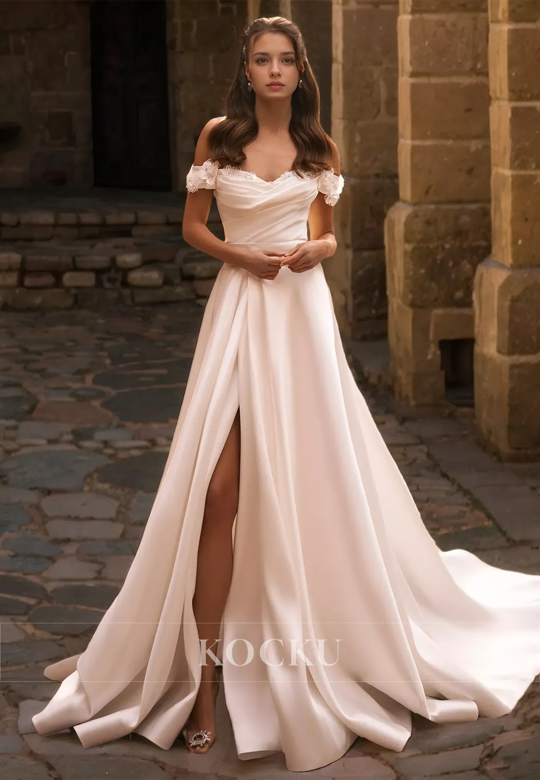 A-Line Off-Shoulder Sleeveless High Slit Train Pleats Satin Wedding Dress with Floral Bridal Dress