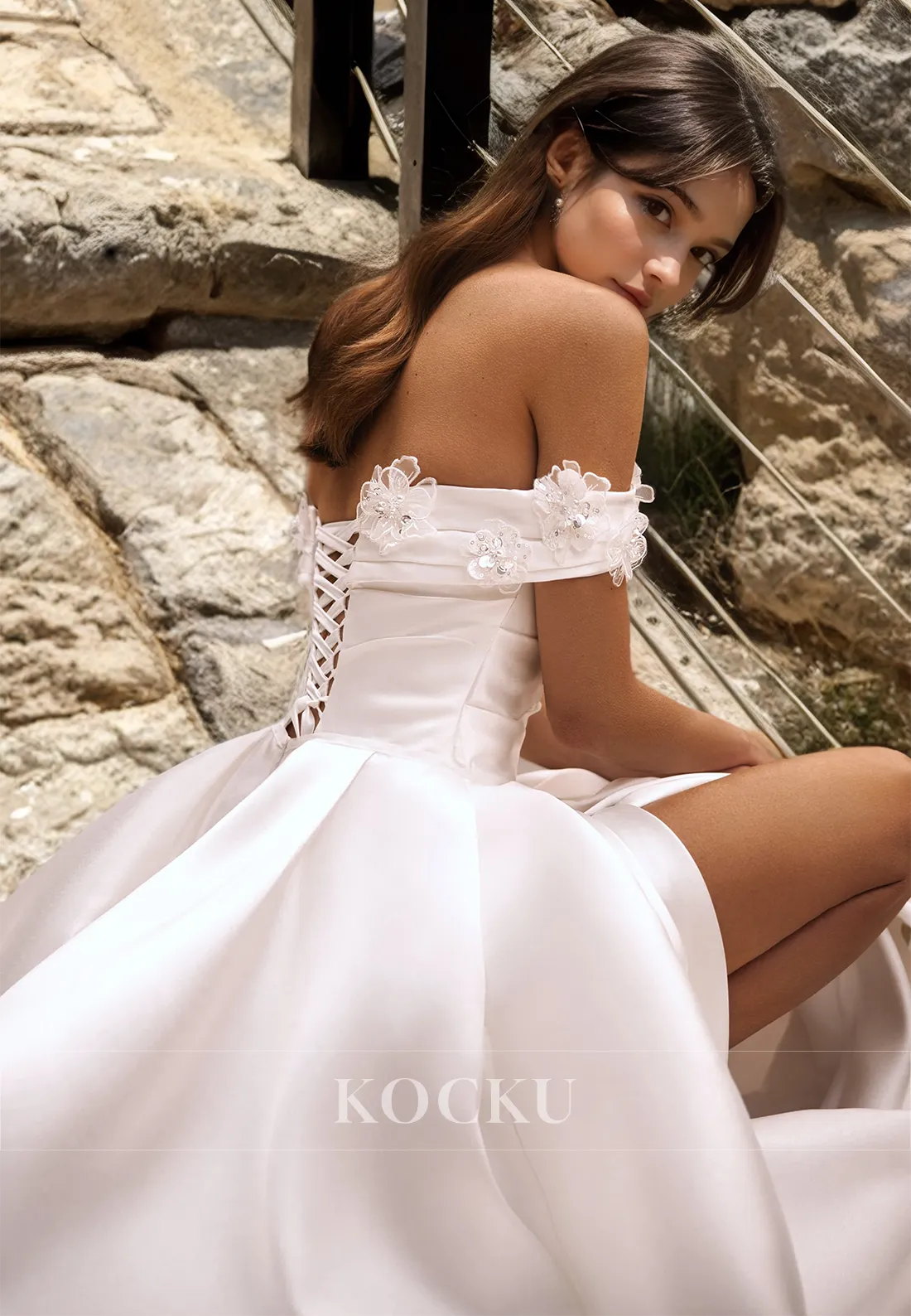 A-Line Off-Shoulder Sleeveless High Slit Train Pleats Satin Wedding Dress with Floral Bridal Dress