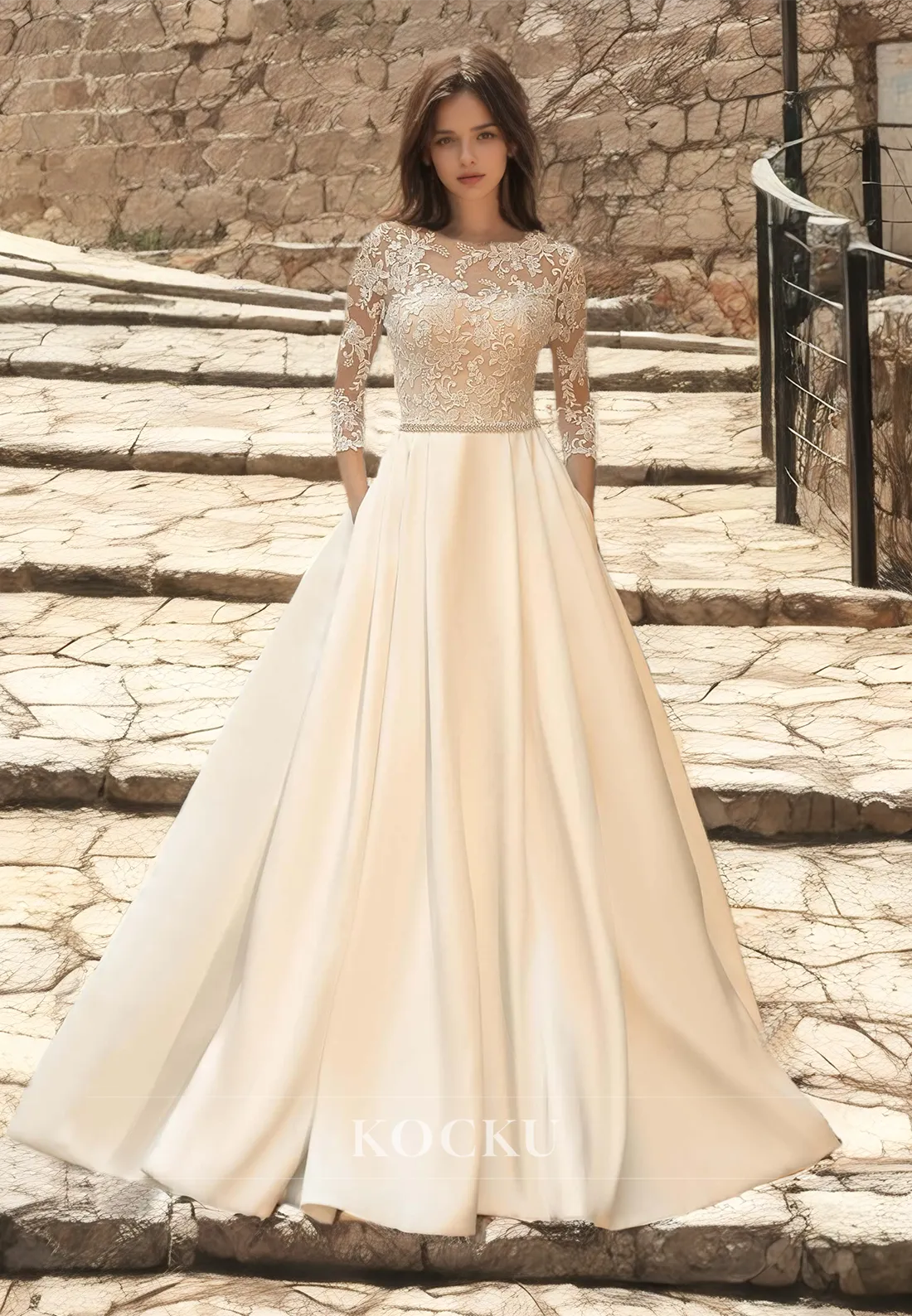 A-Line Scoop Neck Three Quarter Sleeves Pleated Satin Wedding Dress with Appliques Bridal Dress