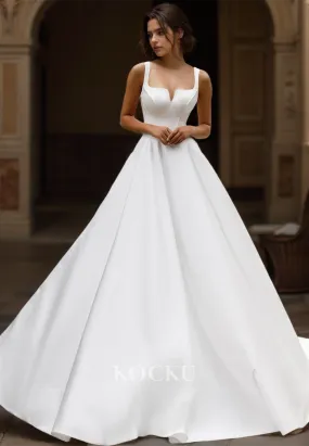 A-Line Spaghetti Straps Sweetheart Sleeveless Pleated Satin Wedding Dress with Train Bridal Gowns