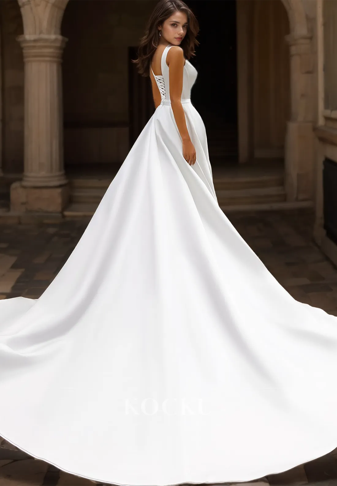 A-Line Spaghetti Straps Sweetheart Sleeveless Pleated Satin Wedding Dress with Train Bridal Gowns