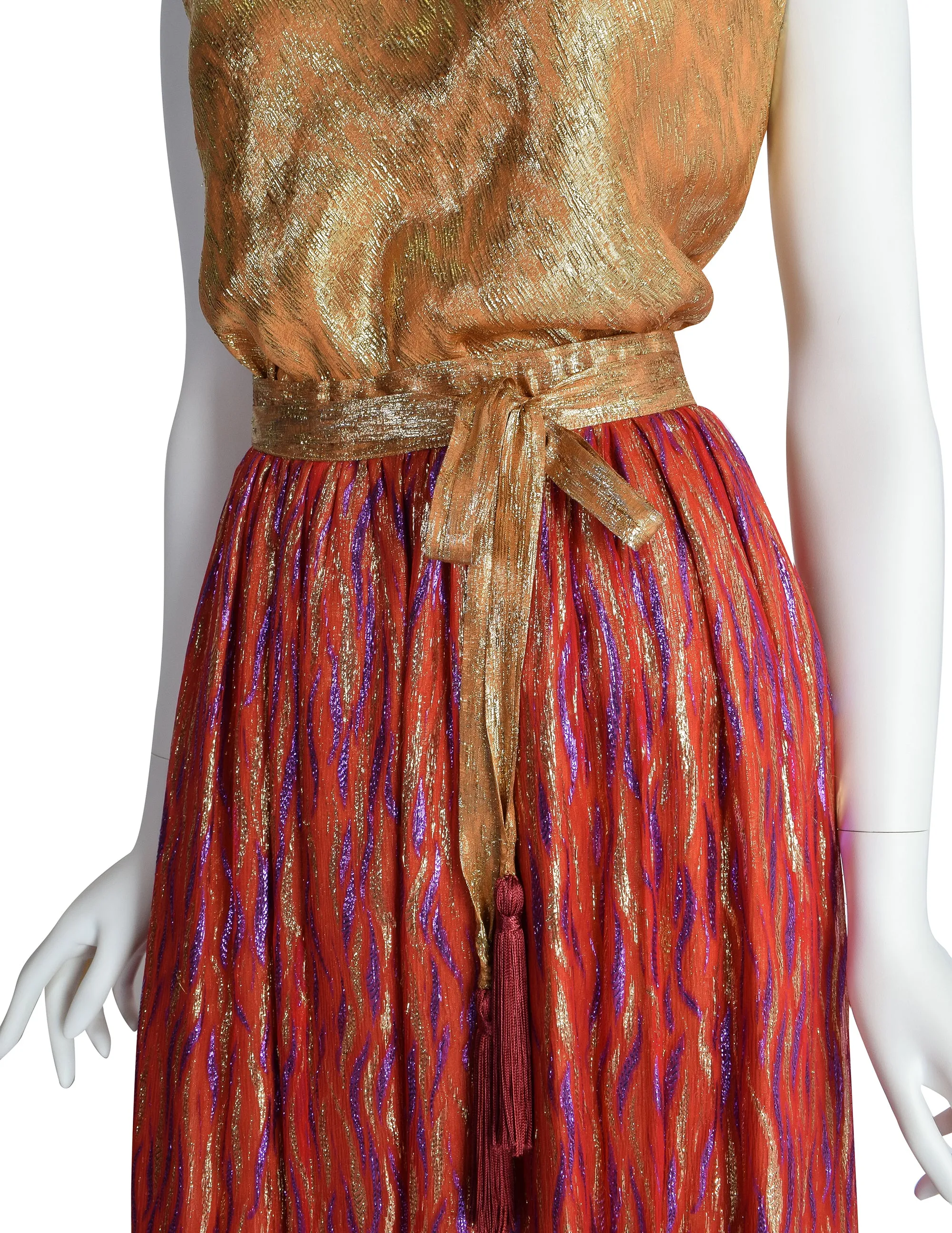 Adolfo Vintage Gold and Red Metallic Silk Top and Skirt Ensemble Set